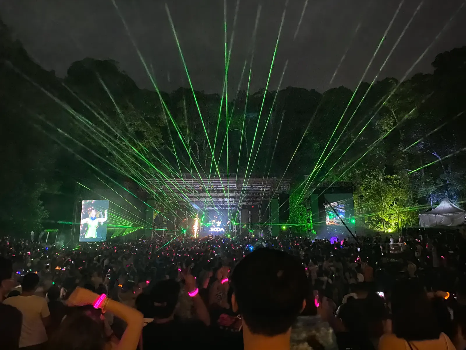 Outdoor music festival crowd under green laser lights with a forest backdrop at night